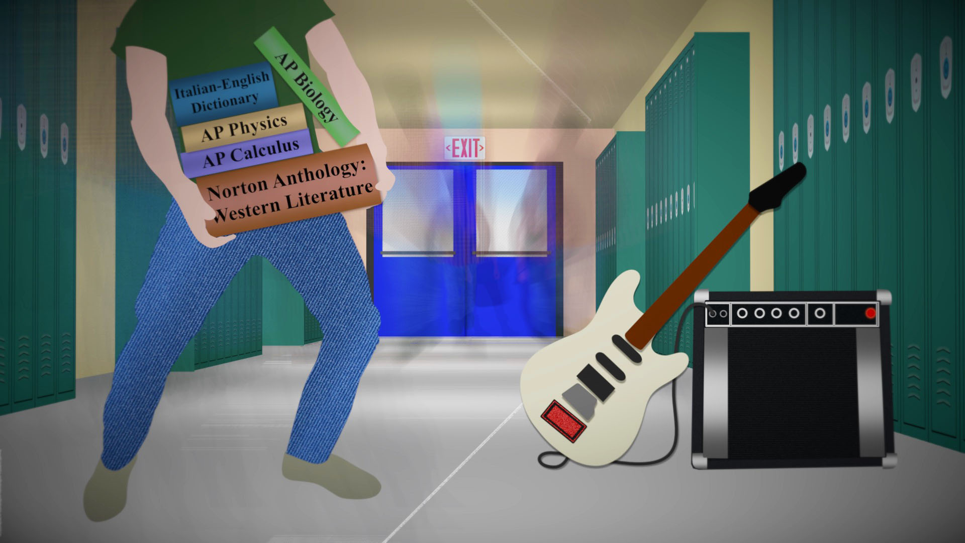 Animated Troy with books and guitar in school hallway.