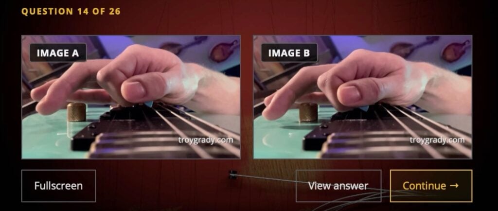 The quiz interface comparing two close-up views of picking technique, with fullscreen and answer controls