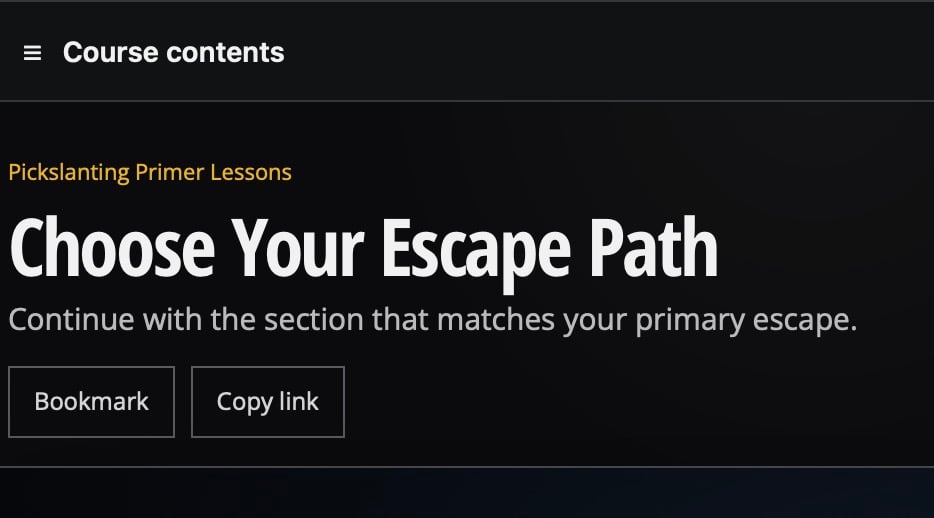 Course player branching screen prompting students to choose their escape path
